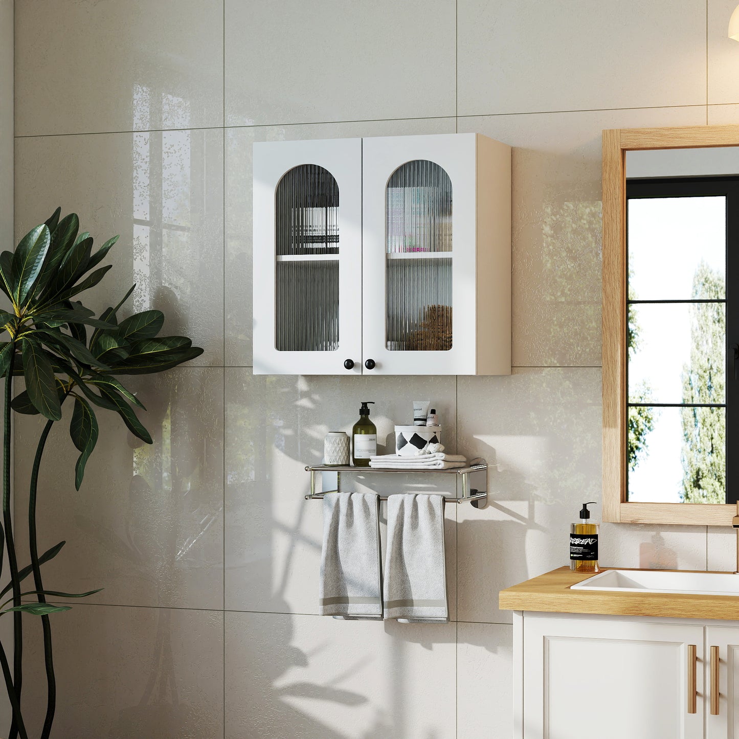 Wall Cabinet,Arched Glass Door Display Wall Mounted Cabinet, Floating Cabinet With Inadjustable Shelves For Kitchen,Bathroom,Living Room