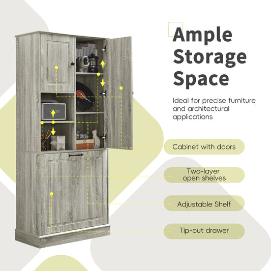 Tall Storage Cabinet With Adjustable Shelves, Large Flip-Out Basket & Enclosed Cabinets  Perfect For Bathroom, Living Room, Or Office, MDF Material With Aluminum Alloy Handles
