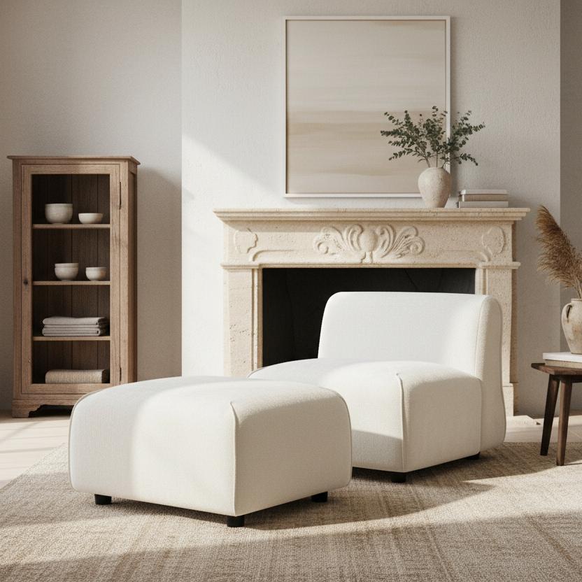 Modern Plush Accent Chair With Ottoman Set  Compact Upholstered Lounge Set For Living Room & Bedroom