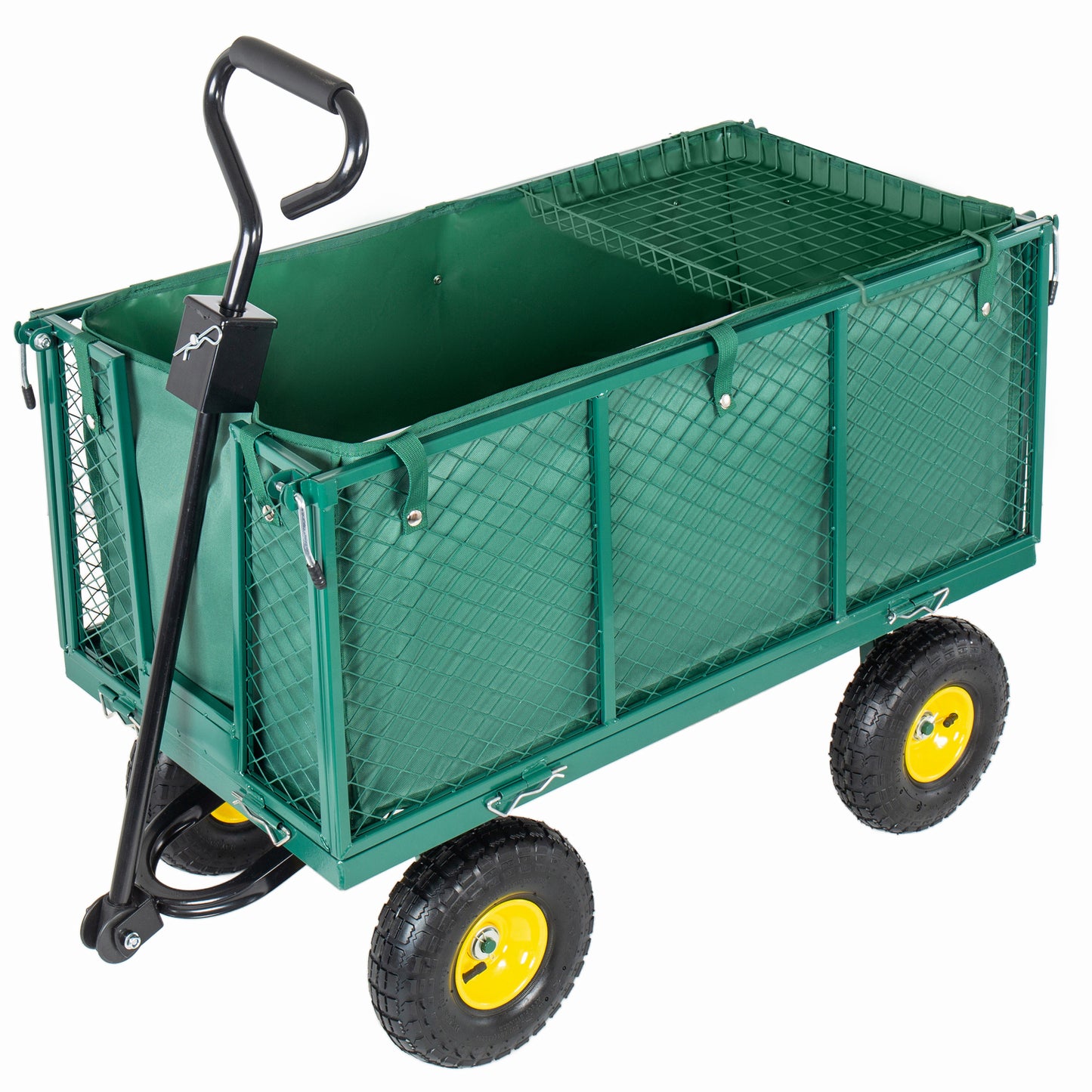 4-in-1 Oversized Steel Dump Garden Cart 880lbs Pullable Mesh Metal Garden Cart All-Terrain Utility Cart With Removable Liner & Side Panels & Mesh Tray For Outdoor Lawn Patio And Landscaping Green