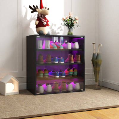 Shoe Box With RGB LED Light, Wooden Stackable Shoe Storage Box With Glass Door, Shoe Storage Bin Shoe Display Case For Sneakers  4 Tier-1