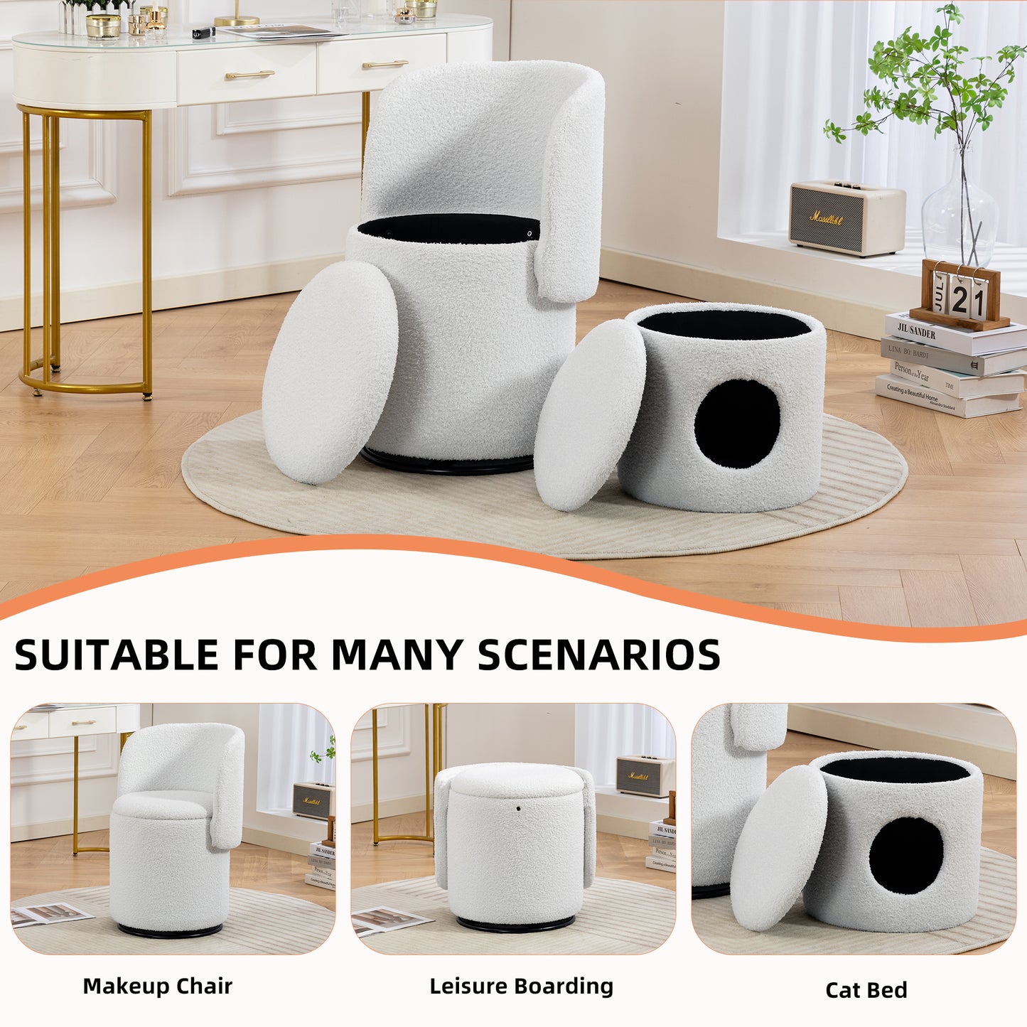 Stylish Upholstered Barrel Chair 360 Swivel Vanity Stool For Bedroom & Dining Chair, Built-in Storage, Soft Padded Accent Seat, Multi-Functional For Dressing Dining, Free Cat Bed Stool Included,