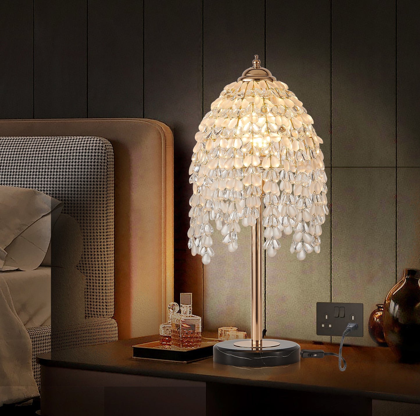 19 HElegant Crystal Table Lamp  Vintage Waterfall Design With Teardrop Grape Crystal Bead String Shades And Marble Textured Base For Living Room, Bedroom, Or Office  Bulb Not Included