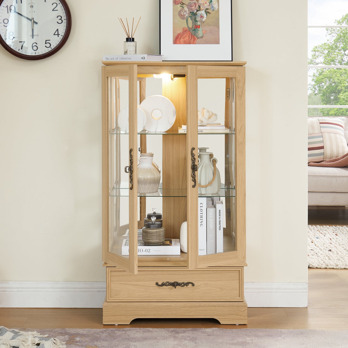 Glass Cabinet Lighted Glass Cabinet Curio Display Cabinet With Adjustable Glass Shelves 2 Doors And 1 Drawer Cabinet Bulb Included OAK