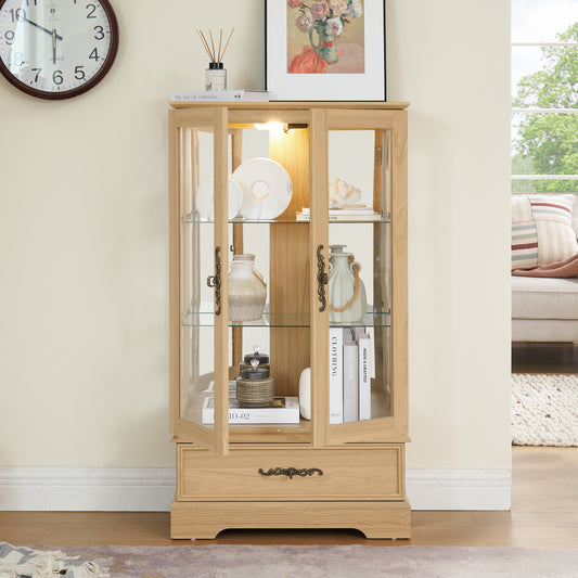 Glass Cabinet Lighted Glass Cabinet Curio Display Cabinet With Adjustable Glass Shelves 2 Doors And 1 Drawer Cabinet Bulb Included OAK