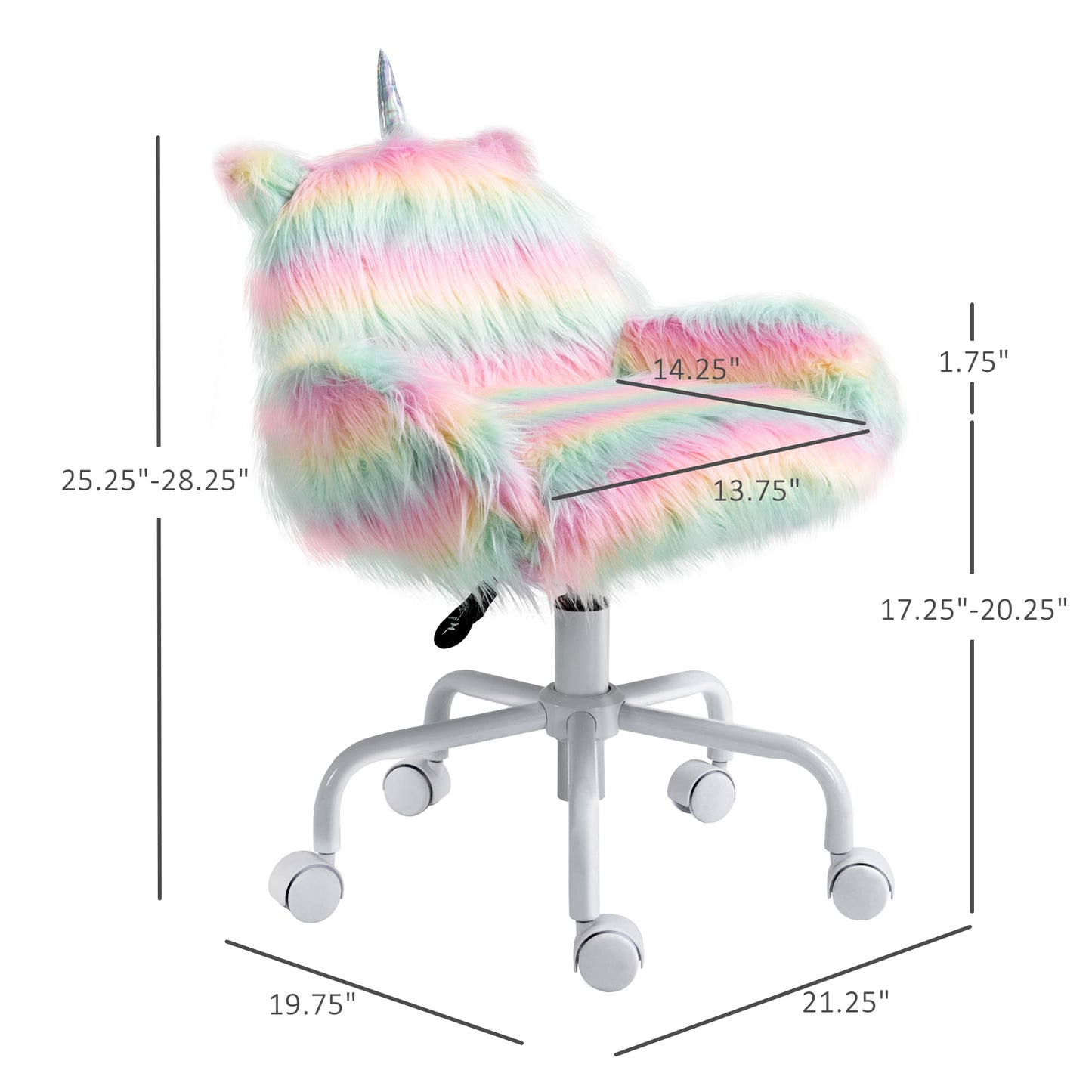 Fluffy Unicorn Office Chair With Mid-Back And Armrest Support, 5 Star Swivel Wheel White Base, Rainbow