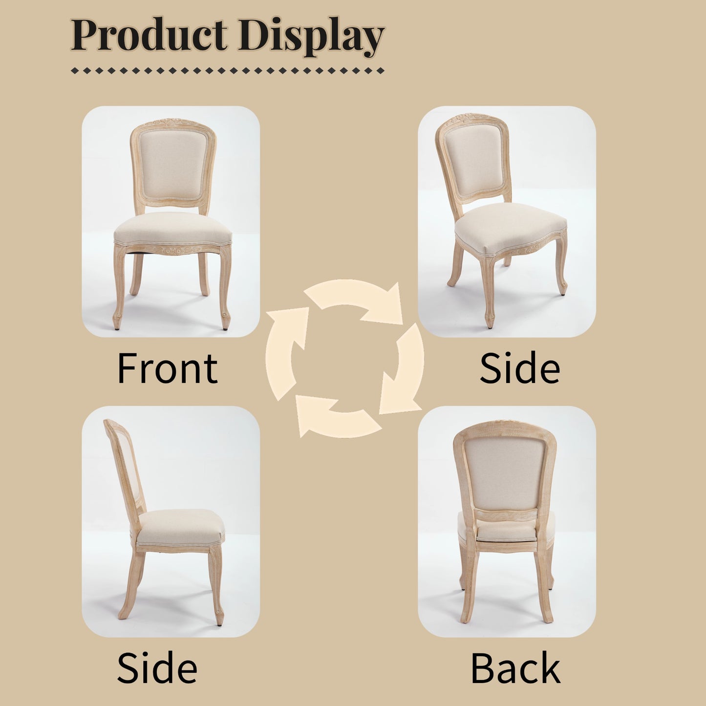 French Country Dining Chairs Set Of 2, Upholstered  Chairs With  Fan Shaped Back, Wire Drawing And Carving Techniques ,Disassemblable ,  For Living Room, Kitchen , Restaurant Use, Beige