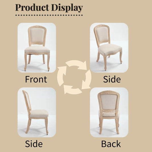 French Country Dining Chairs Set Of 2, Upholstered  Chairs With  Fan Shaped Back, Wire Drawing And Carving Techniques ,Disassemblable ,  For Living Room, Kitchen , Restaurant Use, Beige