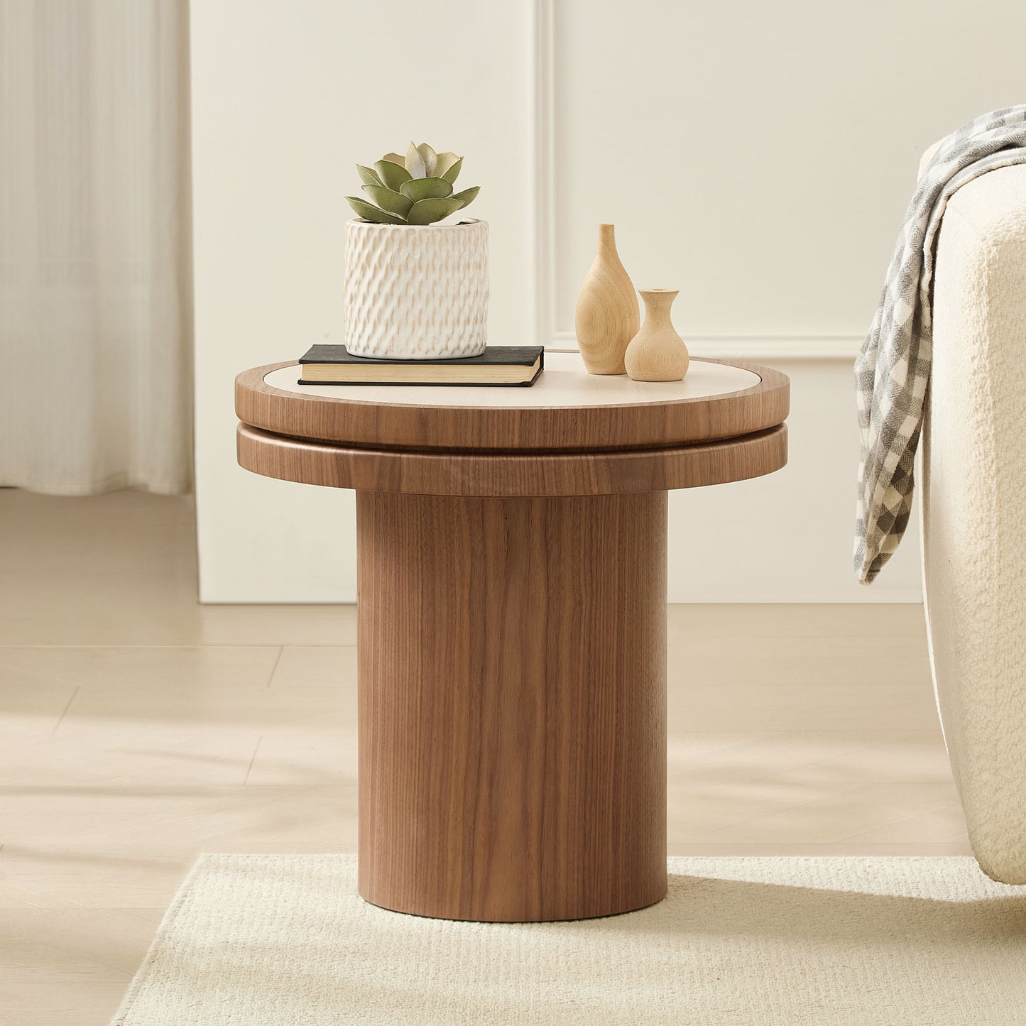 19.49 Inch Round MDF Side Table Sintered Stone Tabletop For Living Room Bedroom WALNUT