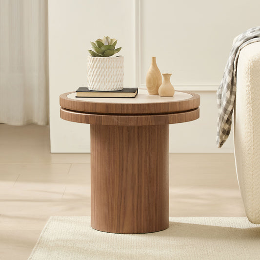 19.49 Inch Round MDF Side Table Sintered Stone Tabletop For Living Room Bedroom WALNUT
