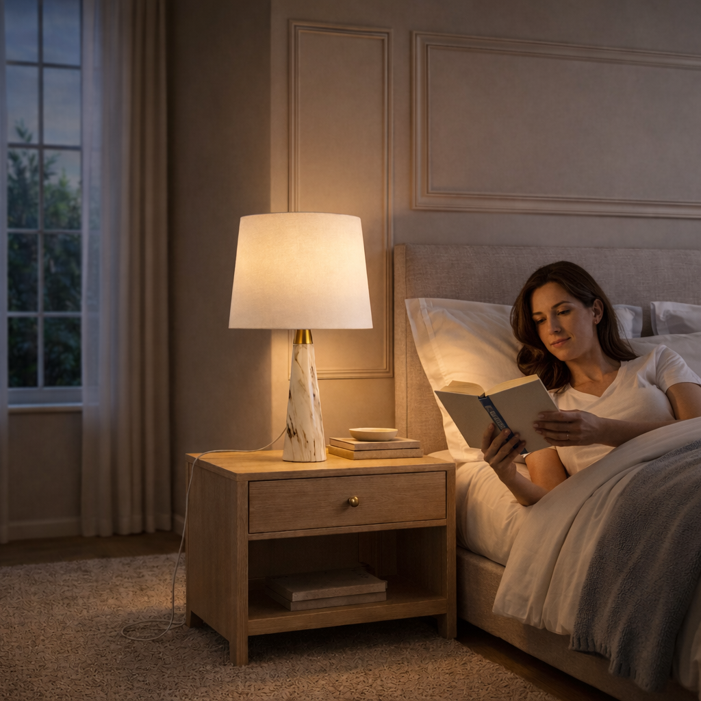 Enclave Hydro White Table Lamp With On Off Switch Faux Marble Base Fabric Shade
