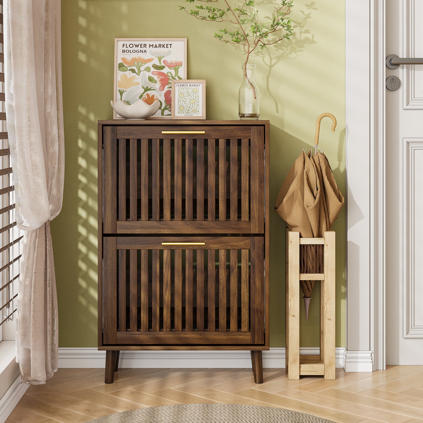23.6-inch Walnut Shoe Cabinet, Medieval Modern Independent Shoe Cabinet, Fence Shoe Cabinet With 2 Flip Drawers, Suitable For Corridors And Entrances