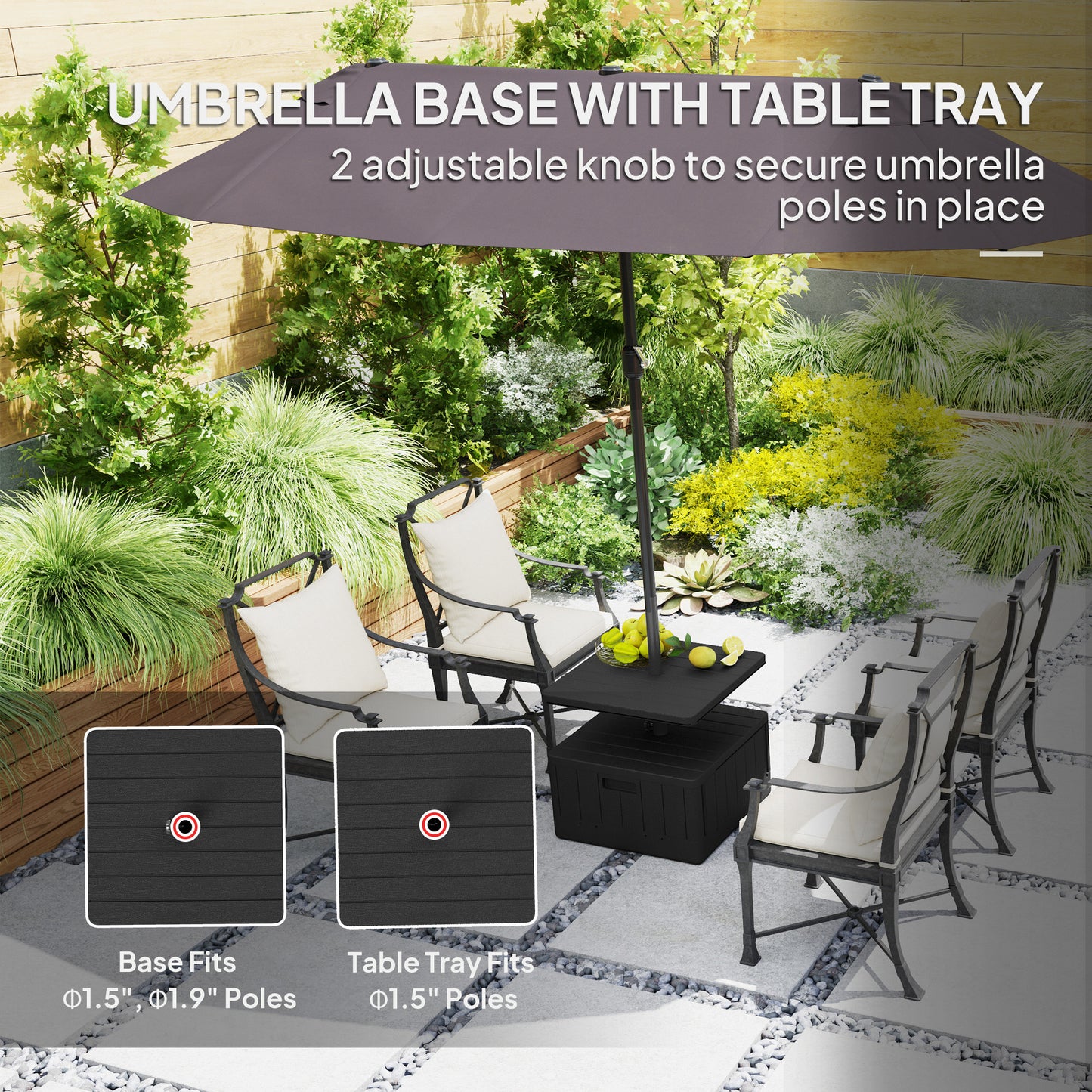 3-in-1 Outdoor Umbrella Base With Table Tray, Coffee End Table, Planter Box With Drain Hole, 175 Lbs. Capacity Heavy Duty Fillable Patio Umbrella Stand Table With Wheels And Handles, Black