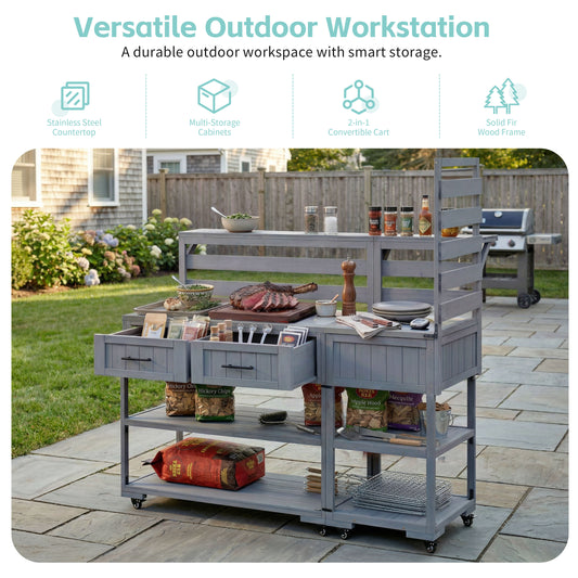 With Assembly Video  TOPMAx 62.3  Patio Kitchen Island Solid Wood Kitchen Cart With Stainless Table Top  Garden Potting Bench With Raised Shelf And Drawers  Grill Prep Table For BBQ  Party  Gray