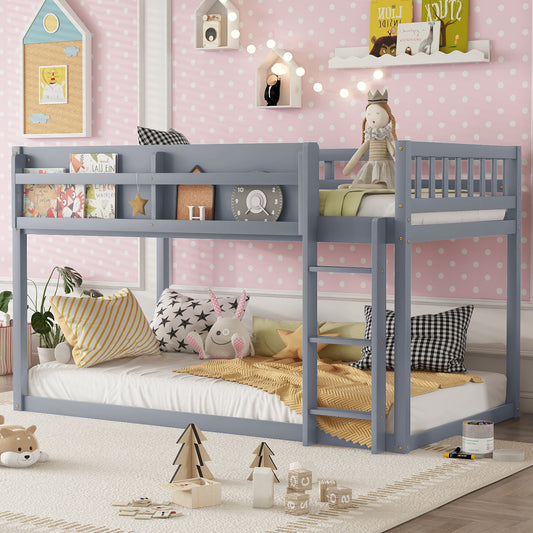 Low Twin Over Twin Bunk Bed, Floor Bunk Bed With Ladder, Solid Wood Twin Bunk Bed For Kids & Juniors, GreyExpect Arrival Date 2025 11 25