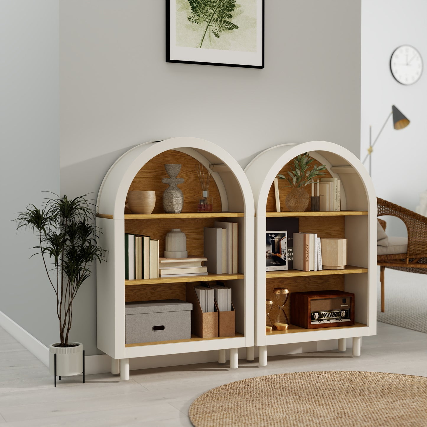 Arched Small Bookcase Set Of 2 ,Arched Storage Cabinet,Wooden Modern Arched Top Bookshelf With 3 Shelves,White With Woodgrain Shelves, 3-Tier Storage Shelf For Living Room, Bedroom, Entryway