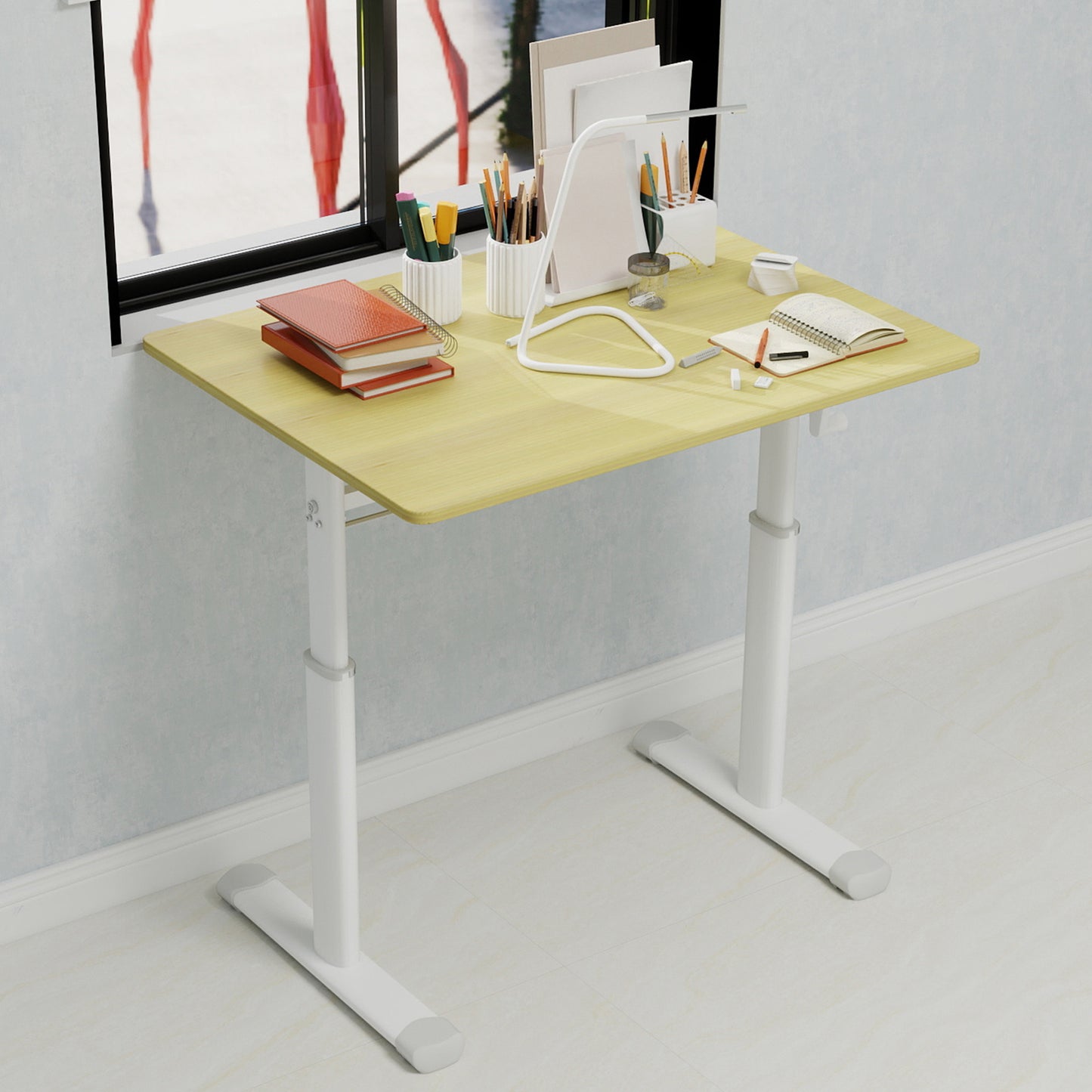 Adjustable Study Desk Suitable For Children And Adults, Height-adjustable, Multifunctional Home Office Desk, Compact Design, Desktop Dimensions 60cm X 80cm, White Frame With Natural Wood-colored Tabl