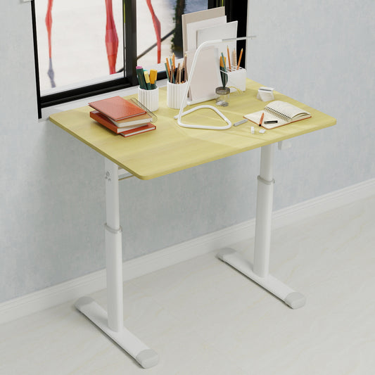 Adjustable Study Desk Suitable For Children And Adults, Height-adjustable, Multifunctional Home Office Desk, Compact Design, Desktop Dimensions 60cm X 80cm, White Frame With Natural Wood-colored Tabl