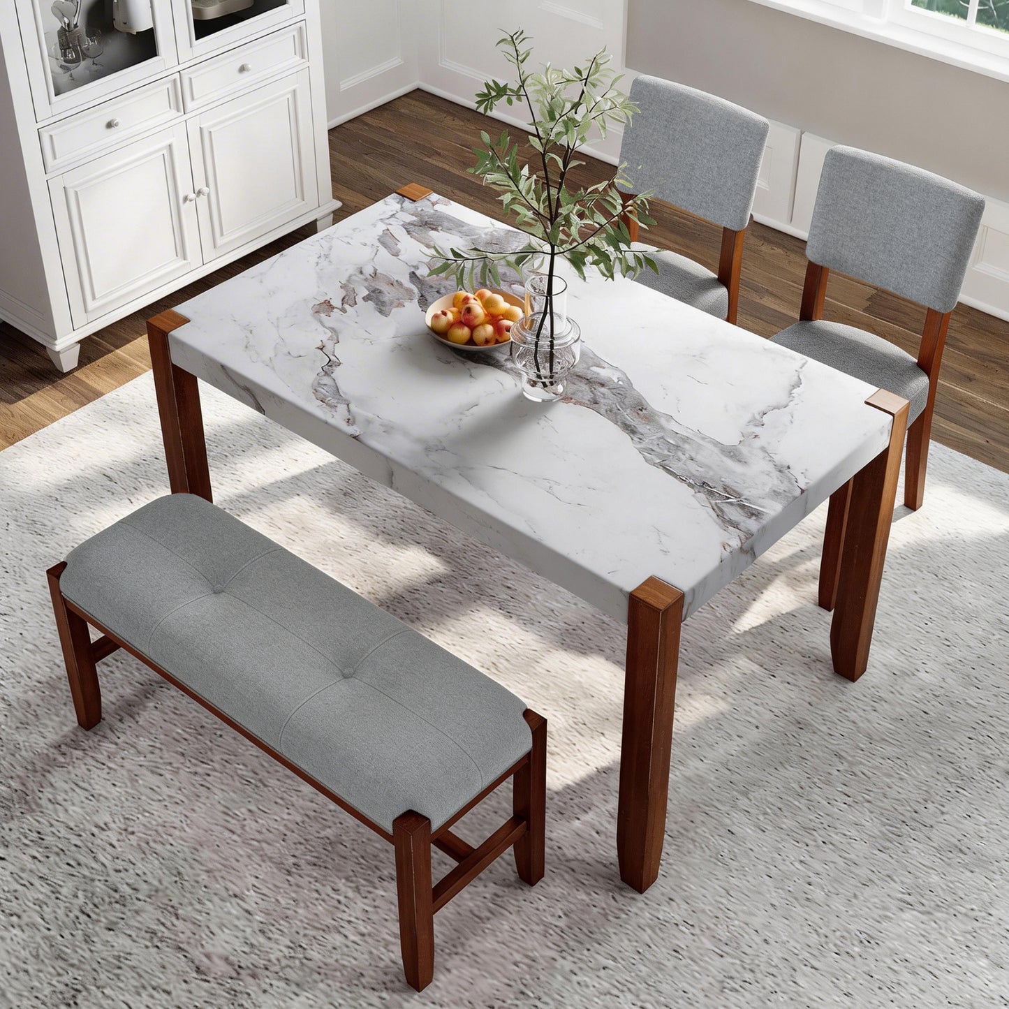 4-Piece Dining Set, 1 Marble-Look Table With 2 Upholstered Chairs And 1 Bench With Solid Rubber Wood Legs, Padded Seat, Curved Backrest, Space-Saving, Dining Room, Gray
