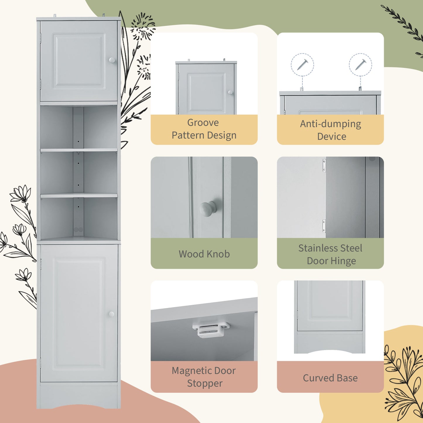 Multi-Functional Corner Cabinet Tall Bathroom Storage Cabinet With Two Doors And Adjustable Shelves, Open Shelf, Grey