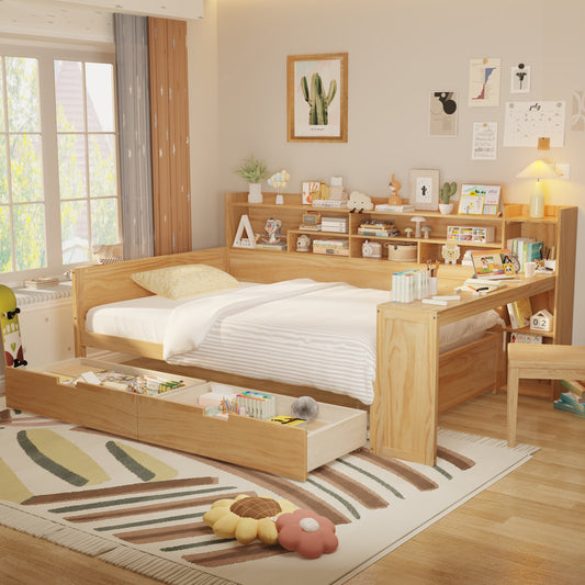 Wooden Full Size Daybed With Storage Shelves, Multi-functional Bed With Two Storage Drawers And  Study Desk, Natural