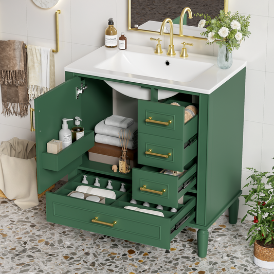Traditional 30  Green Bathroom Vanity Set, Floor Standing, With Three Drawers, Soft Close Doors, With Long Gold Metal Handles - Perfect For Small Bathrooms