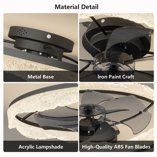24 Decorative LED Ceiling Fan Light  Modern Flush Mount With Acrylic Ring, Hidden Blades, Remote Control, And Dimmable Light For Stylish Homes  Black