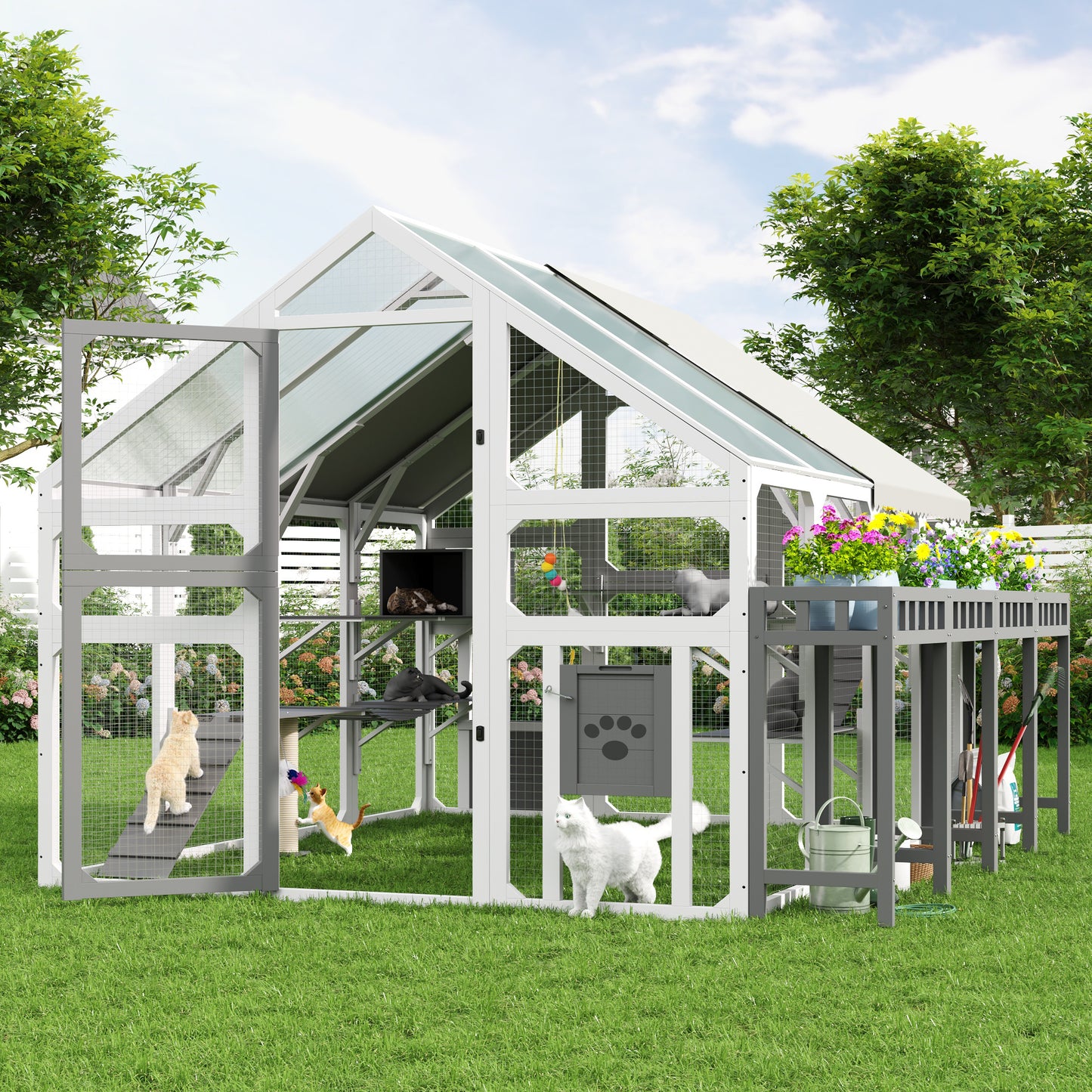 Large Outdoor Cat House With Planter Stand, Wooden Cat Enclosure With Resting Boxes For Multiple Kittens, Hanging Bridge, Platforms,Walk-In Catio Cage  With Waterproof Proof Cover, Grey And White