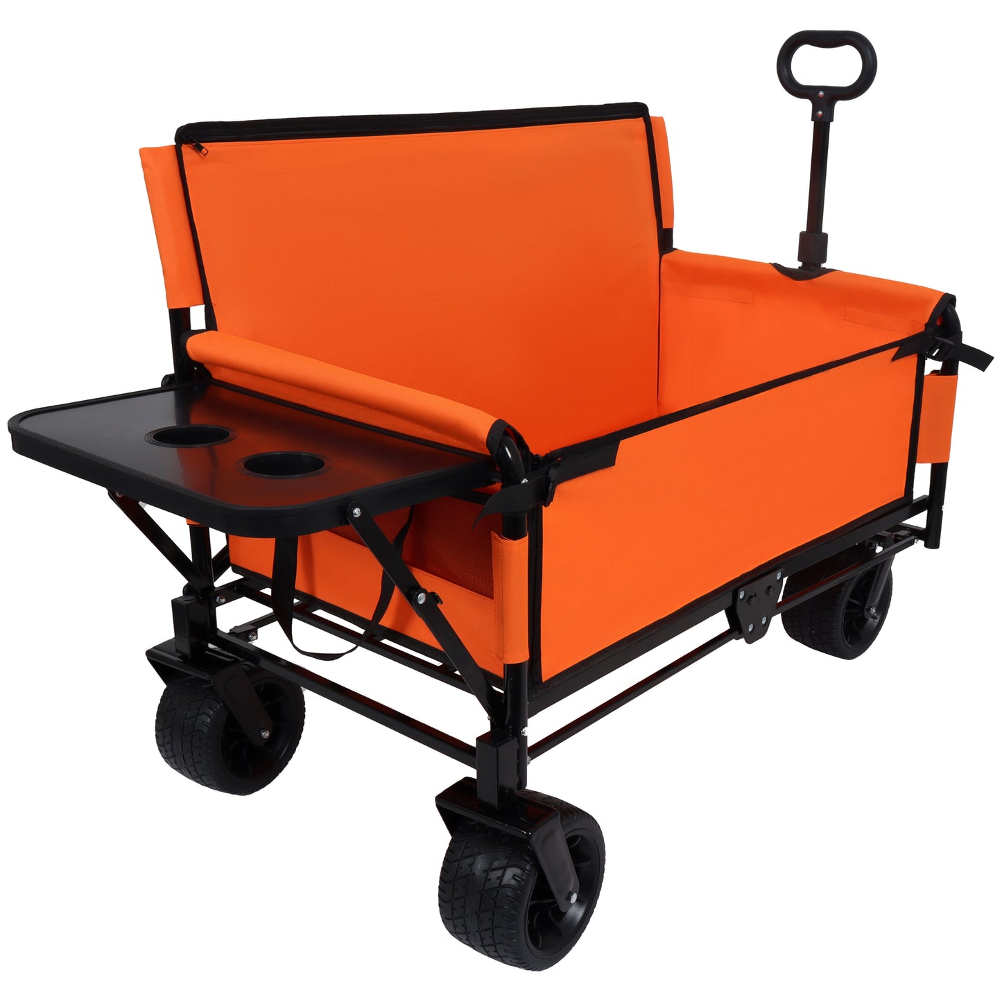 3-in-1 Convertible Folding Wagon Cart With Bench Seat & Rear-Mounted Folding Tabletop-500lbs Heavy-Duty Utility Wagon 180L Capacity All-Terrain Wheels For Camping Beach Sports Garden Orange
