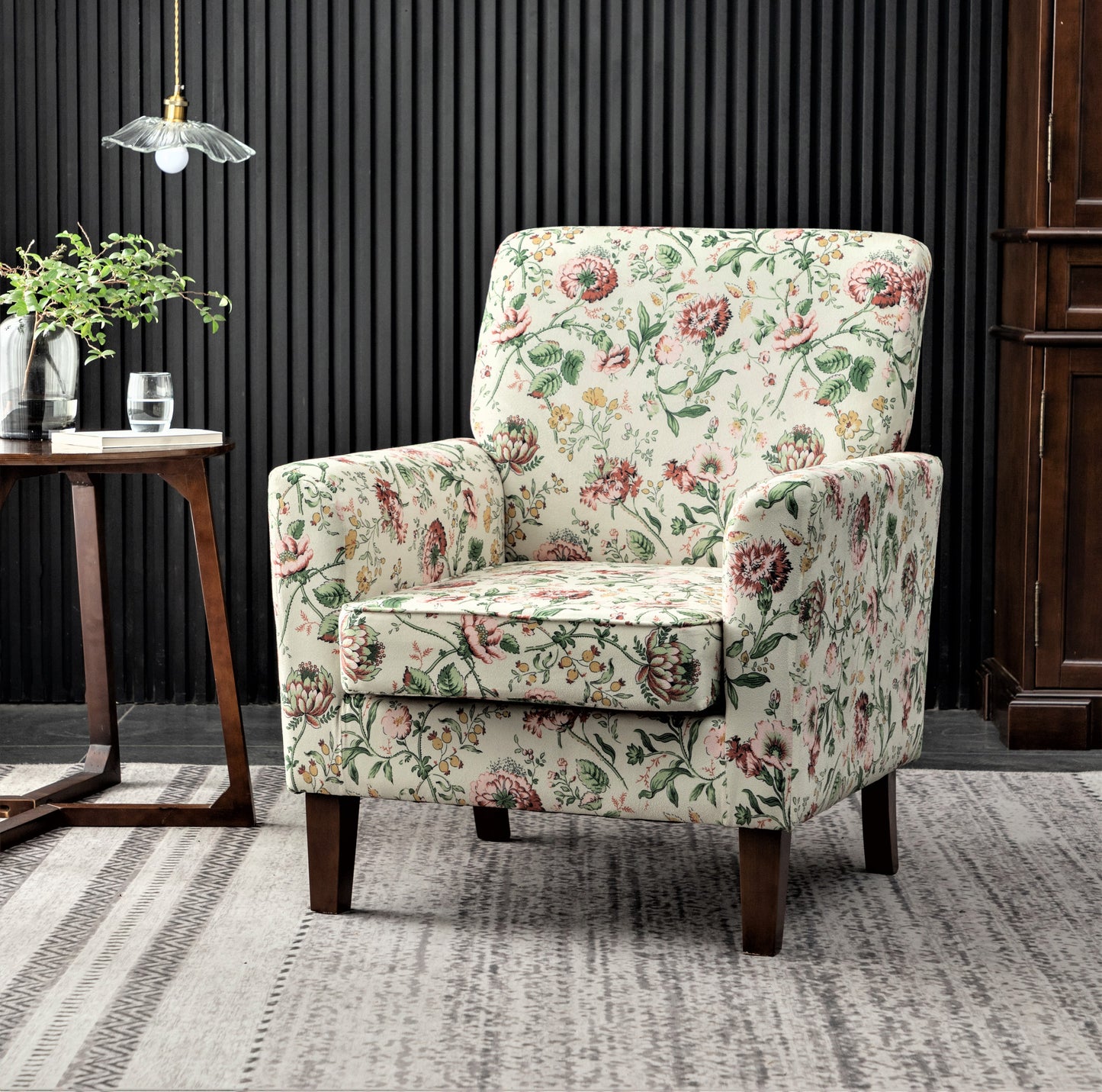 Patterned Polyester Blend Armchair, Solid Birch Wood Frame With Brown Tapered Legs, Foam Padded Accent Chair With Trim Detail For Living Room Office