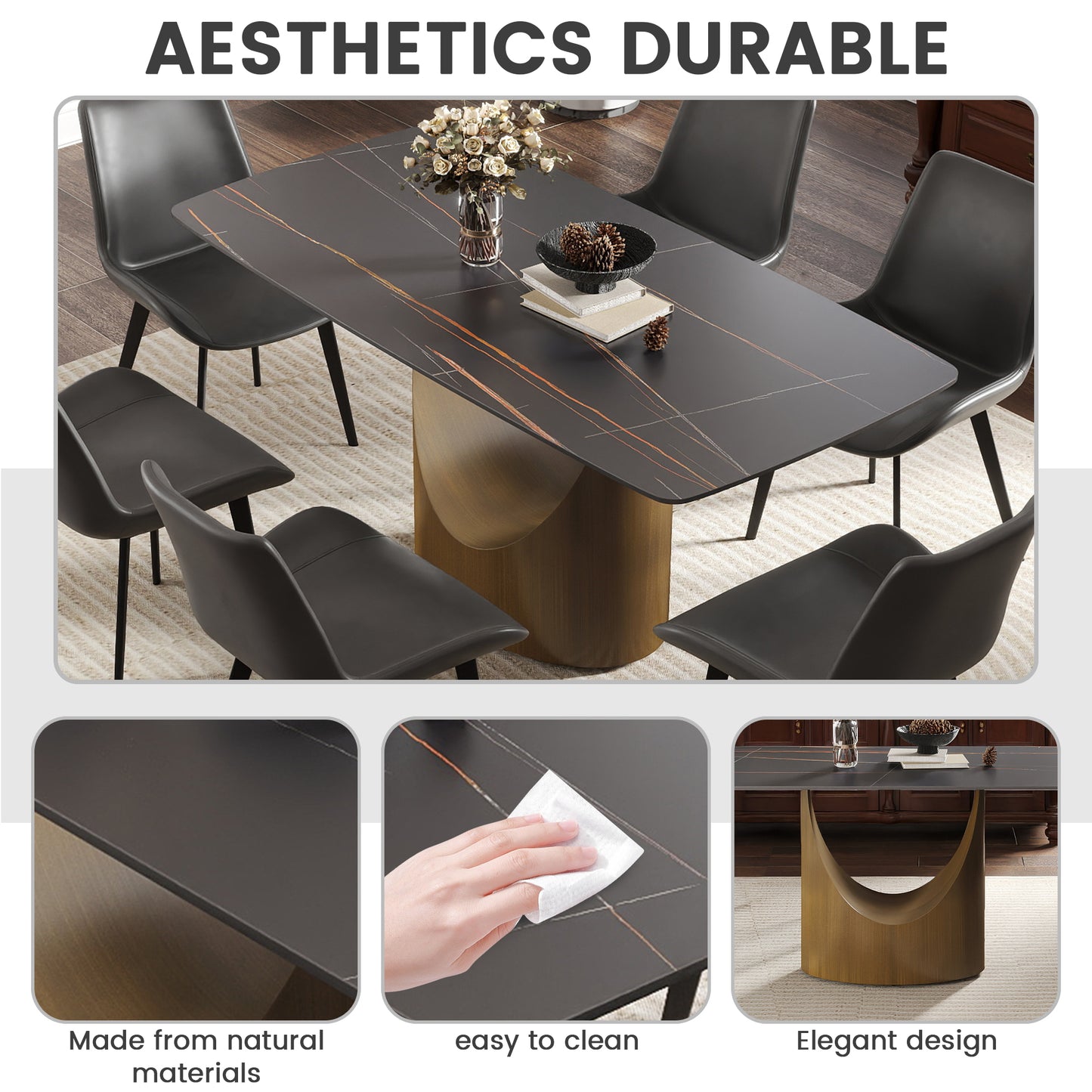 63  Modern Artificial Stone Curved Black Panel Bronze Iron Metal Legs-Can Accommodate 6-8 People
