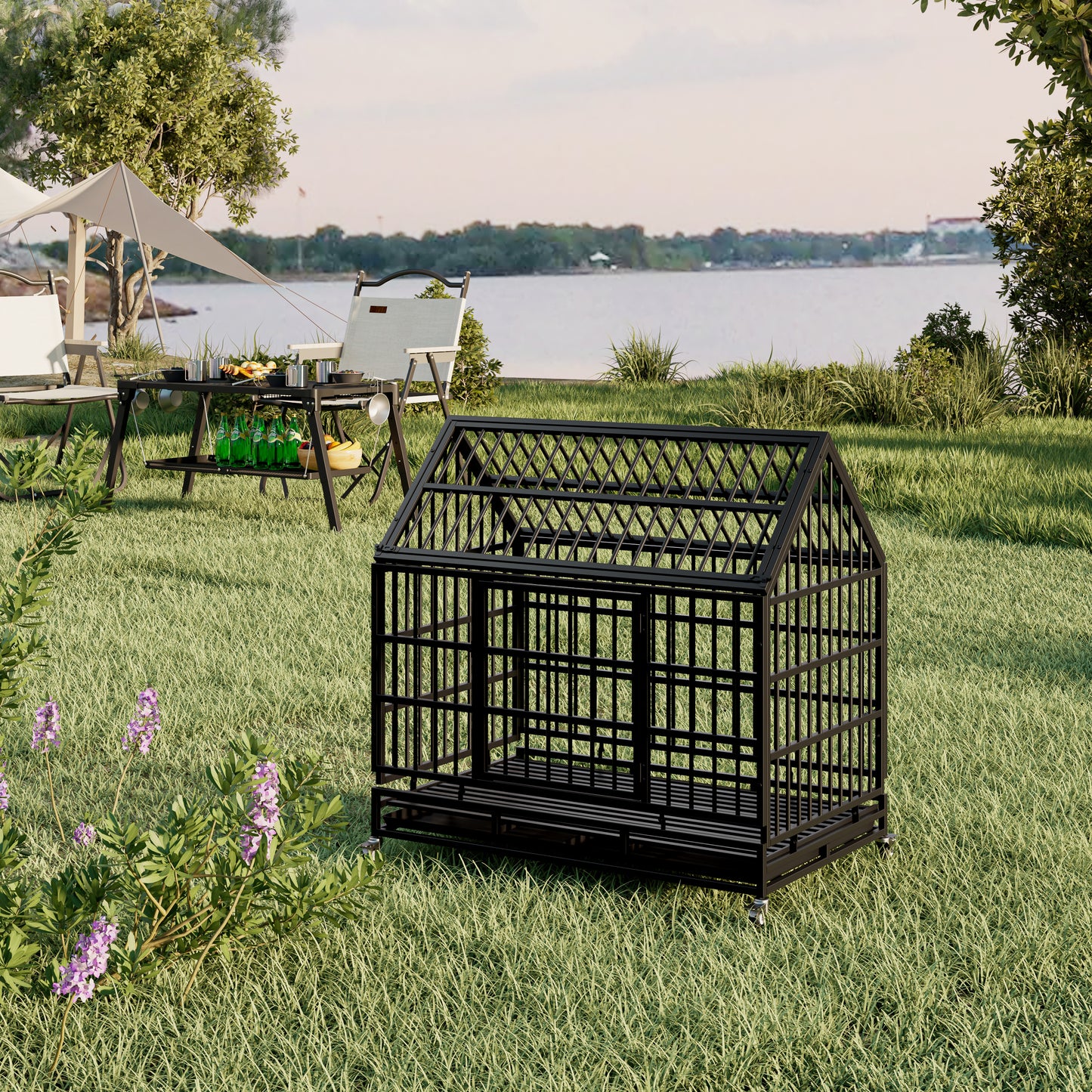 48 Inch Heavy Duty Dog Crate With Wheels, Folding Metal Big Dog Cage For Large And Medium Dogs, Cage With A Pointed Roof And Removable Tray.