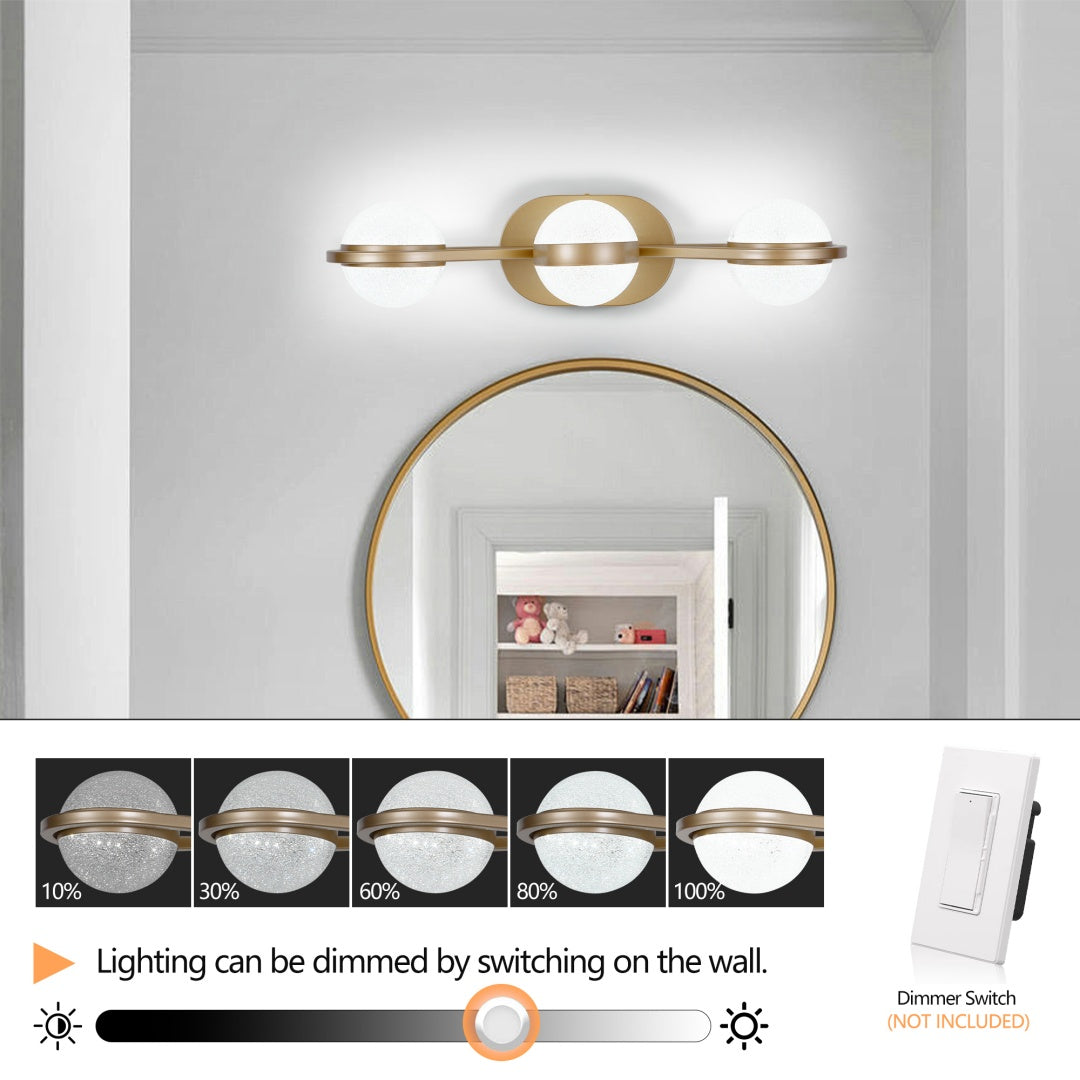 Bathroom Vanity Light, LED 3 Bulb Crystal Sand Acrylic Shades, Wall Mounted Decorative Lighting Fixture, Suitable For Bathroom Vanity Mirror Champagne Gold