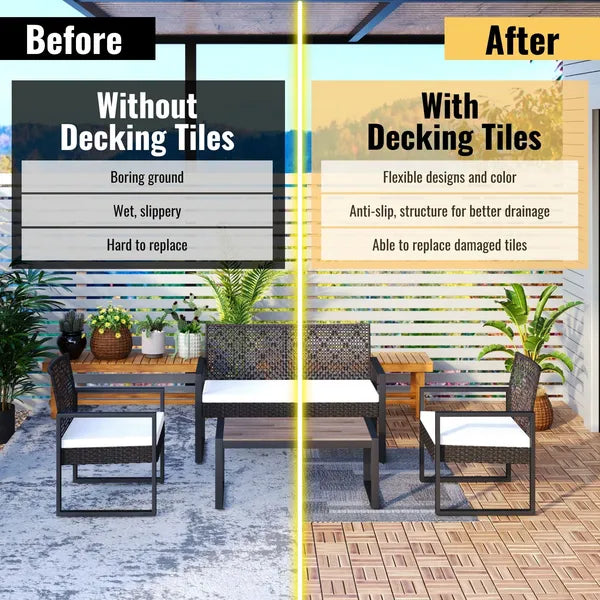 10 PCS Interlocking Deck Tiles Checker Pattern, 12' X 12' Square Yellow Acacia Hardwood Outdoor Flooring For Patio, Bancony, Pool Side