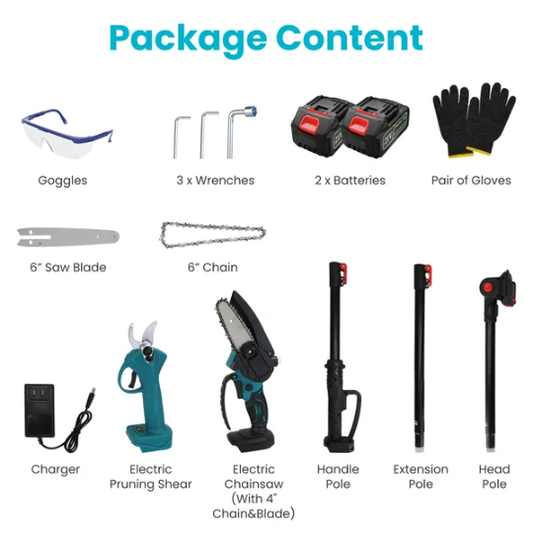4 In 1 Cordless Pruning Shear And Electric Chainsaw With Max 5.5FT Extension Poles 4' 6' Pole Saw SK5 Blade Brushless Pruning Shear With 2Pcs 3.0Ah Batteries For Garden Yard GPCT5130