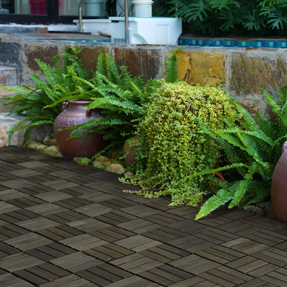 Acacia Wood Interlocking Deck Tiles Checker Pattern, 30 PCS 12inch X 12inch Dark Brown Square Acacia Hardwood Outdoor Flooring For Patio, Bancony, Pool Side