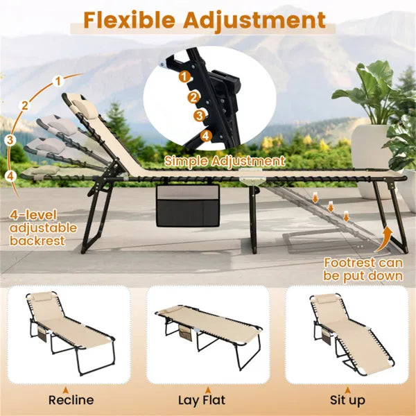 Oversized Patio Chaise Lounge, 27 Wide 4-Position Adjustable Backrest Folding Tanning Chair-Beige
