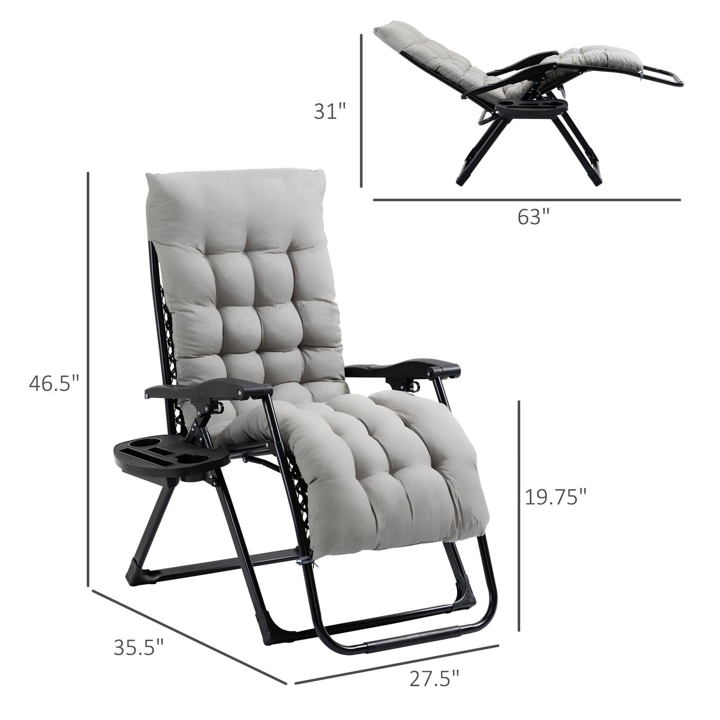 Padded Zero Gravity Chair, Folding Recliner Chair With Cup Holder Cushion, Gray
