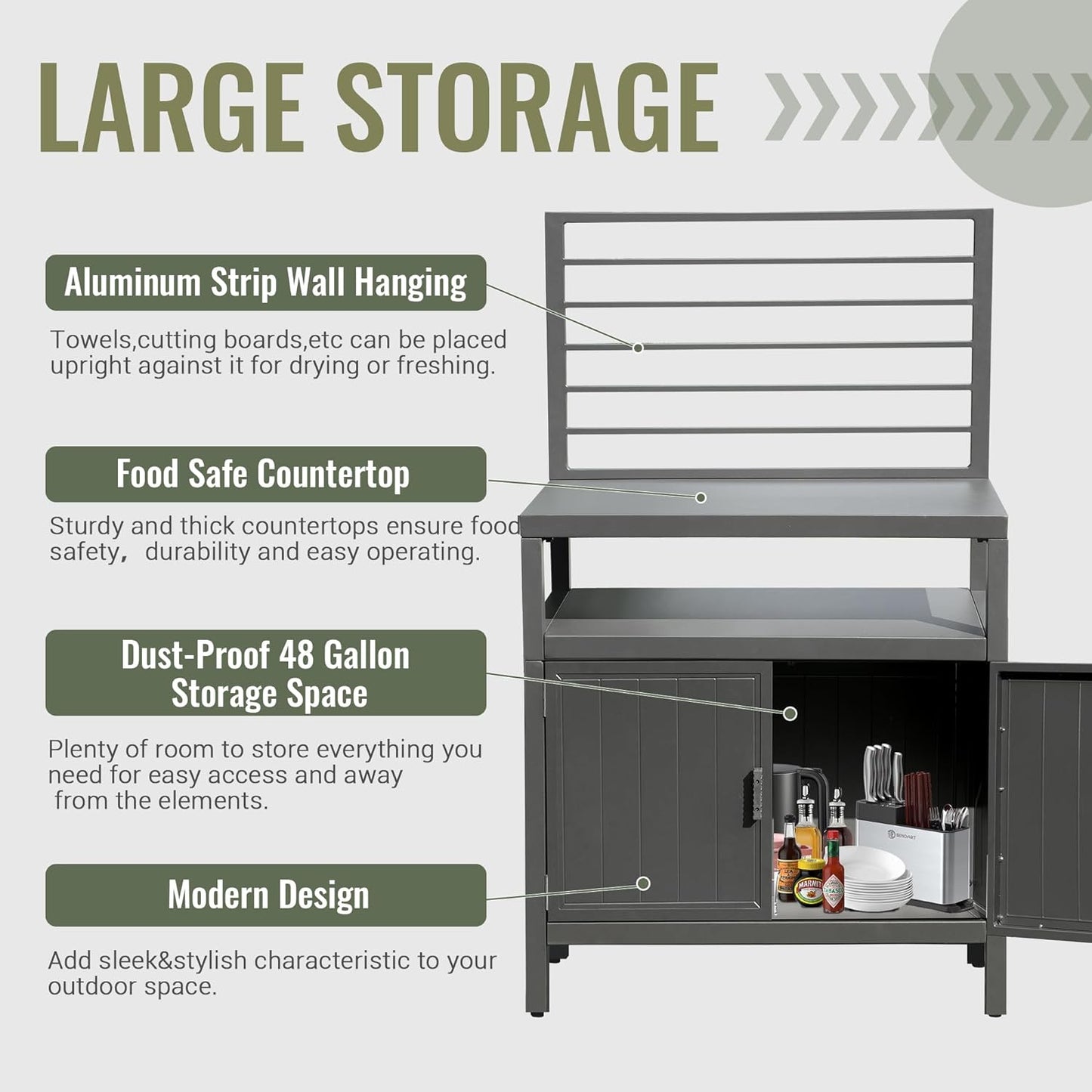 Outdoor Kitchen Island With Storage, Aluminum Kitchen Storage Island With Wall Hanging, Freestanding Grill Storage Cabinet With Protective Cover For BBQ, Deck, Patio