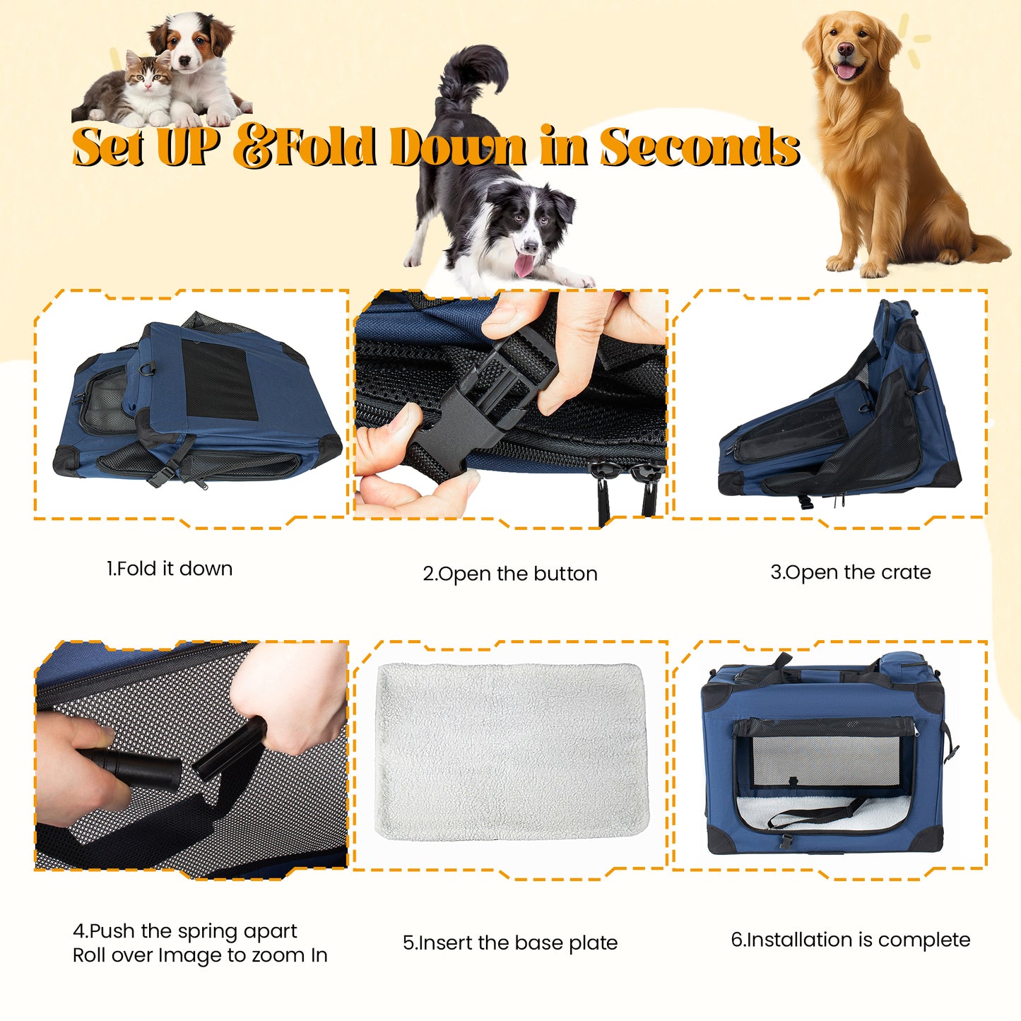 40   Soft Dog Crates Kennel, 3-Door Portable Folding Pet Carrier With Mesh Windows, Straps And Fleece Mat For Dogs, Cats, Rabbits, Meeting The Needs For Indoor, Outdoor, And Travel Use, Dark Blue