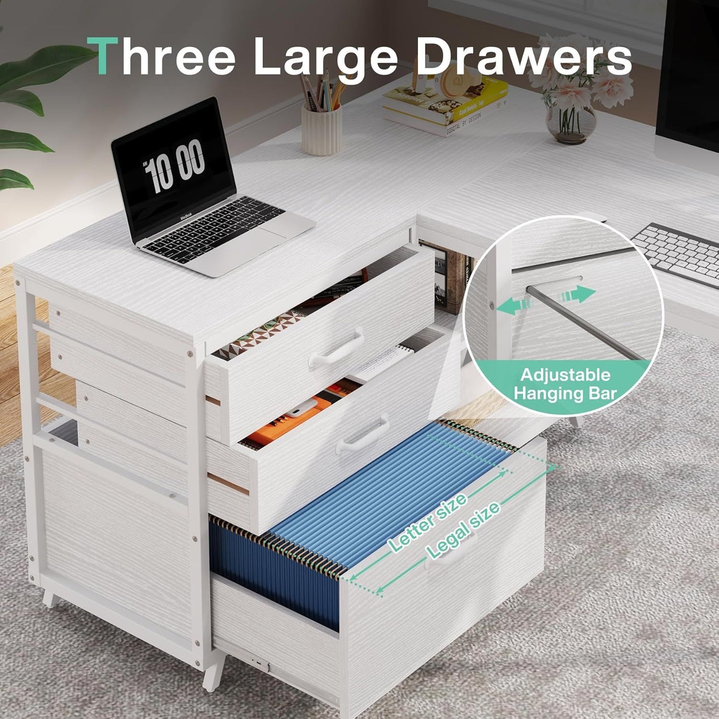 L-Shaped Desk With 3 Drawers, Reversible Corner Home Office Computer Desk With Shelves, 53-Inch Industrial PC Desk Study Writing Table