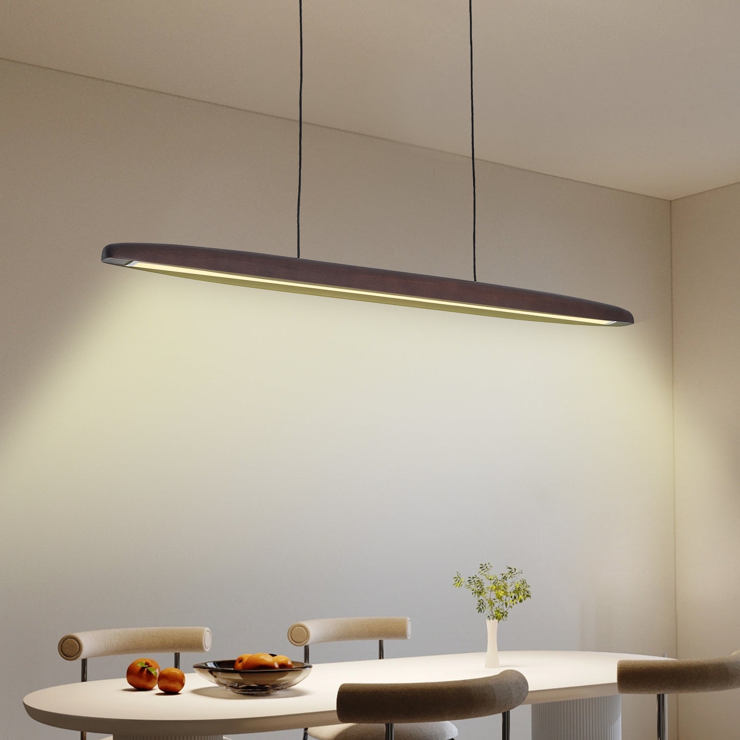 51-inch Streamline Wooden LED Pendant Light With Remote Control, Adjustable Hanging Light For Dining Room, Kitchen, Living Room  Contemporary Walnut Wood Finish