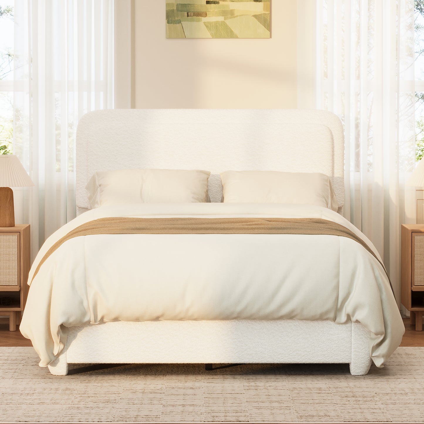 Boucle Full Bed Frame With Adjustable Height Headboard, Modern Platform Bed With Curved Cloud Headboard, Elegant Boucle Fabric Low Profile Platform Bed, No Box Spring Needed, Easy Assembly, White