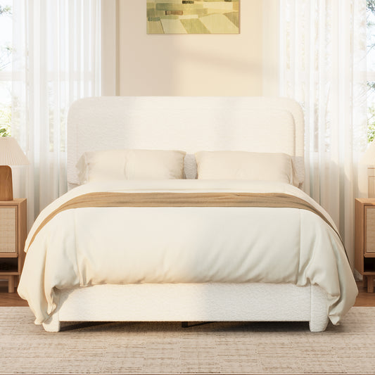 Boucle Full Bed Frame With Adjustable Height Headboard, Modern Platform Bed With Curved Cloud Headboard, Elegant Boucle Fabric Low Profile Platform Bed, No Box Spring Needed, Easy Assembly, White