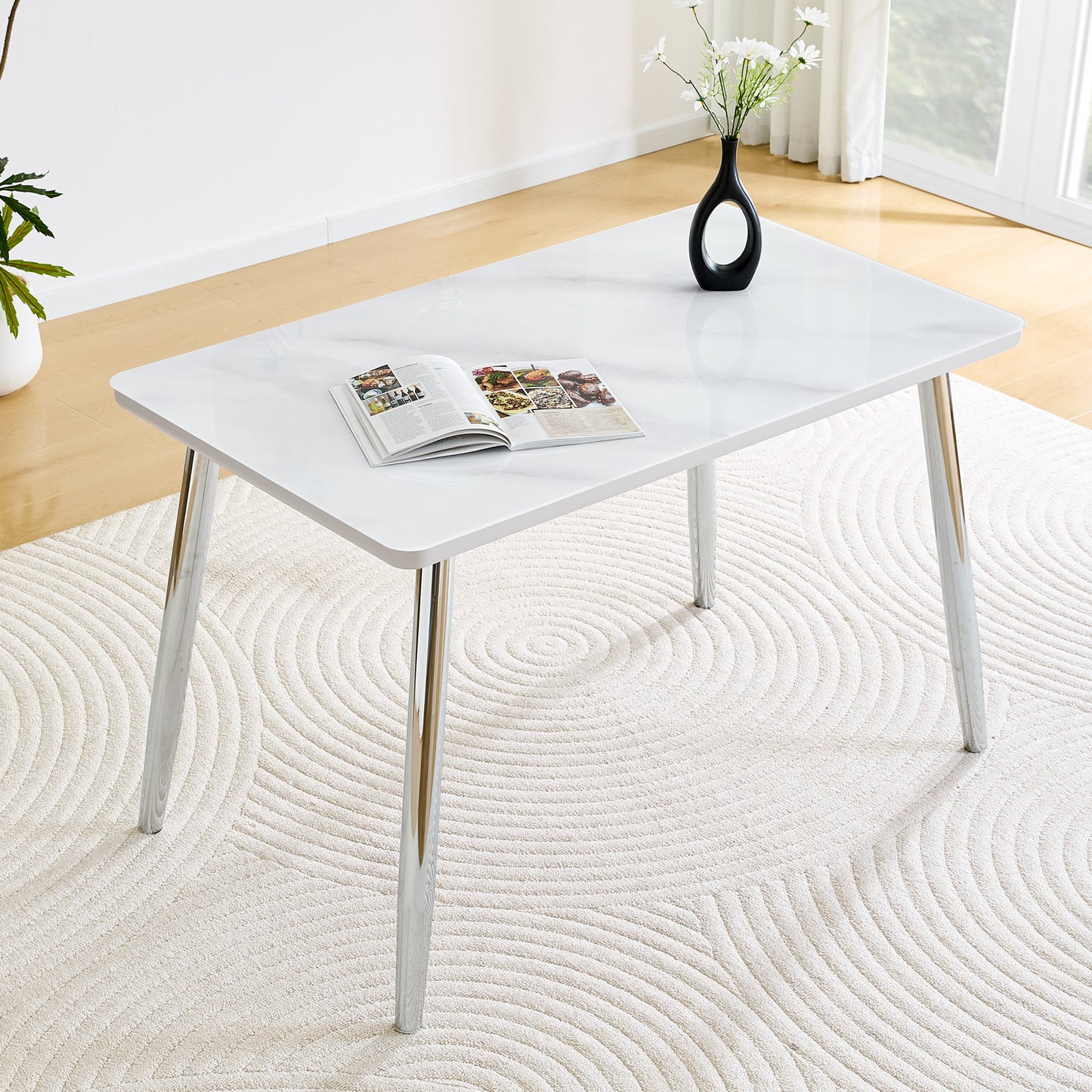Modern Minimalist Rectangular Dining Table,suitable For 4-6 People.Tempered Glass Countertop Lower MDF Board,imitation Marble Texture,silver Metal Tapered Legs.Suitable For Minimalist Restaurants.