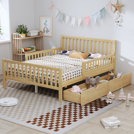 Full Size Wood Platform Bed With Guardrails On Both Sides And Two Storage Drawers ,Natural