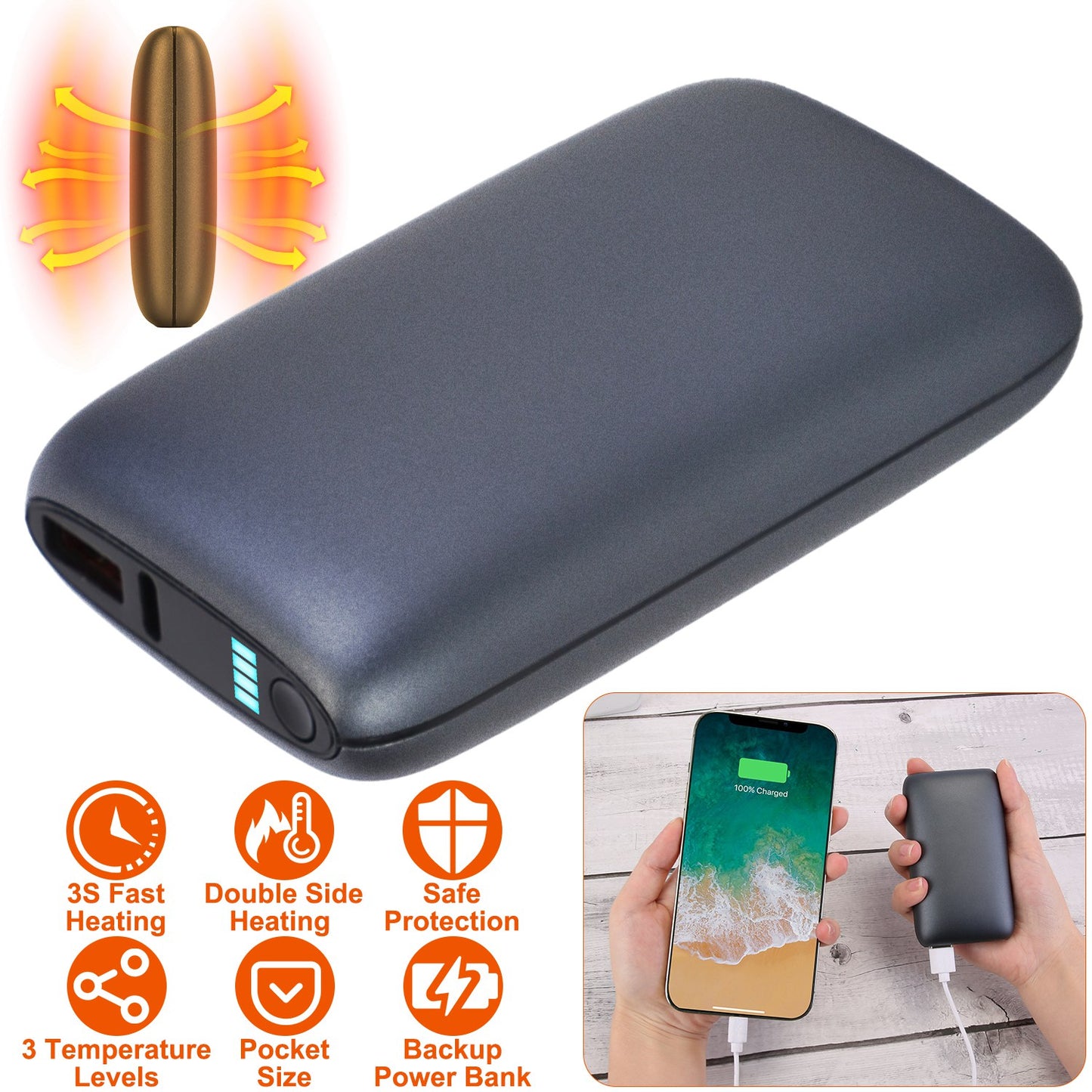 1Pc Electric Double Sided Hand Warmer Battery Backup Power Bank Rechargeable Hand Heater With 3 Temperature Levels Portable Pocket Warmer