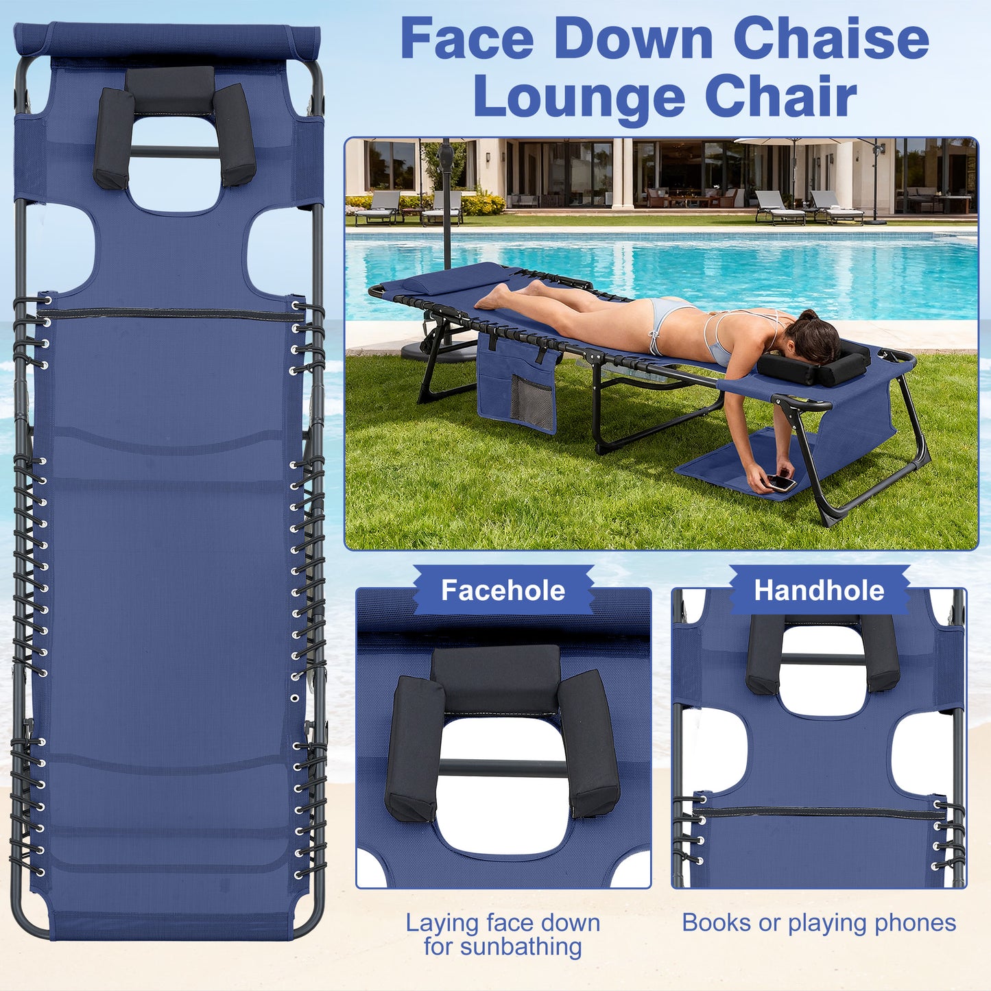 Face Down Chaise Lounge Chair 5-Position Adjustable Sunbathing, Foldable Tanning Chair With Face& Arm Holes, Outdoor Recliner Chair For Pool, Beach, Patio, Lawn  Dark Blue, 2 Pcs