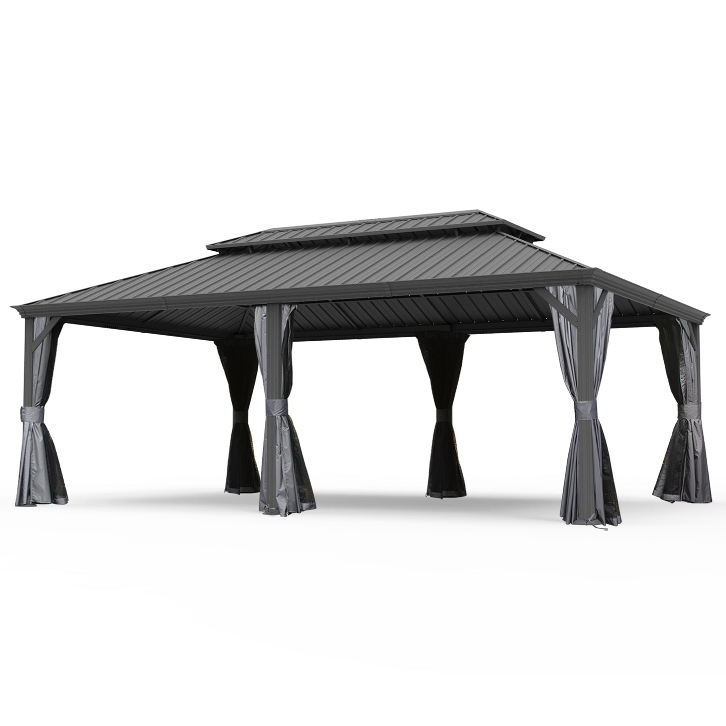 14  X 24  Hardtop Gazebo, Upgraded Metal Gazebo With Drainage System, Dual-Layer Galvanized Steel Roof, Curtain And Netting, Outdoor Shelter Canopy For Patio, Garden, And Backyard, Grey