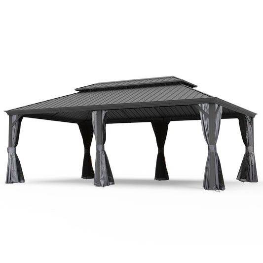 14  X 24  Hardtop Gazebo, Upgraded Metal Gazebo With Drainage System, Dual-Layer Galvanized Steel Roof, Curtain And Netting, Outdoor Shelter Canopy For Patio, Garden, And Backyard, Grey